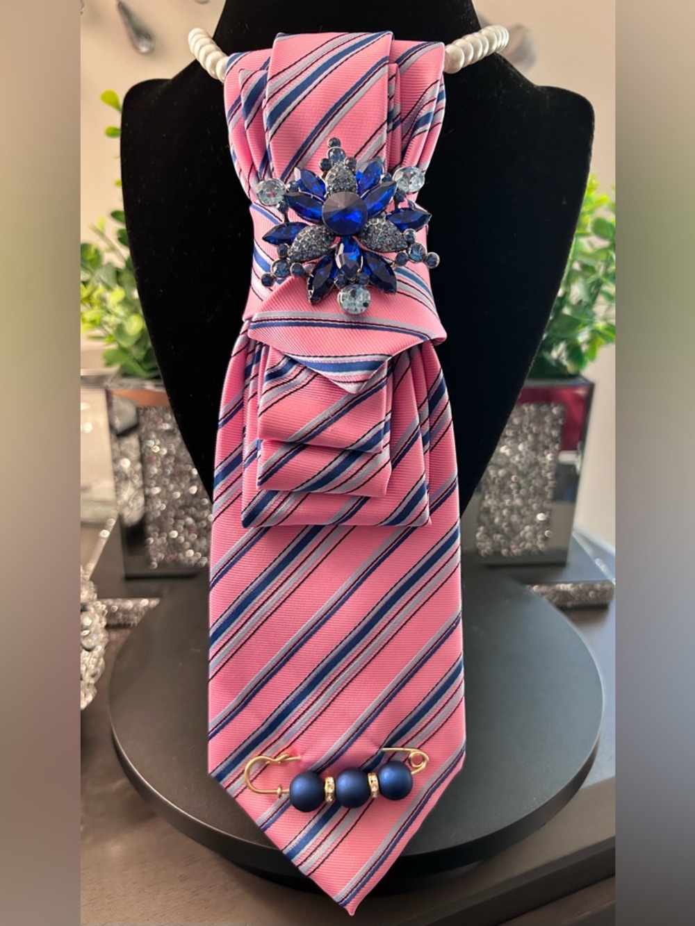 Girls' Pink Striped tie with Blue Accent Brooch